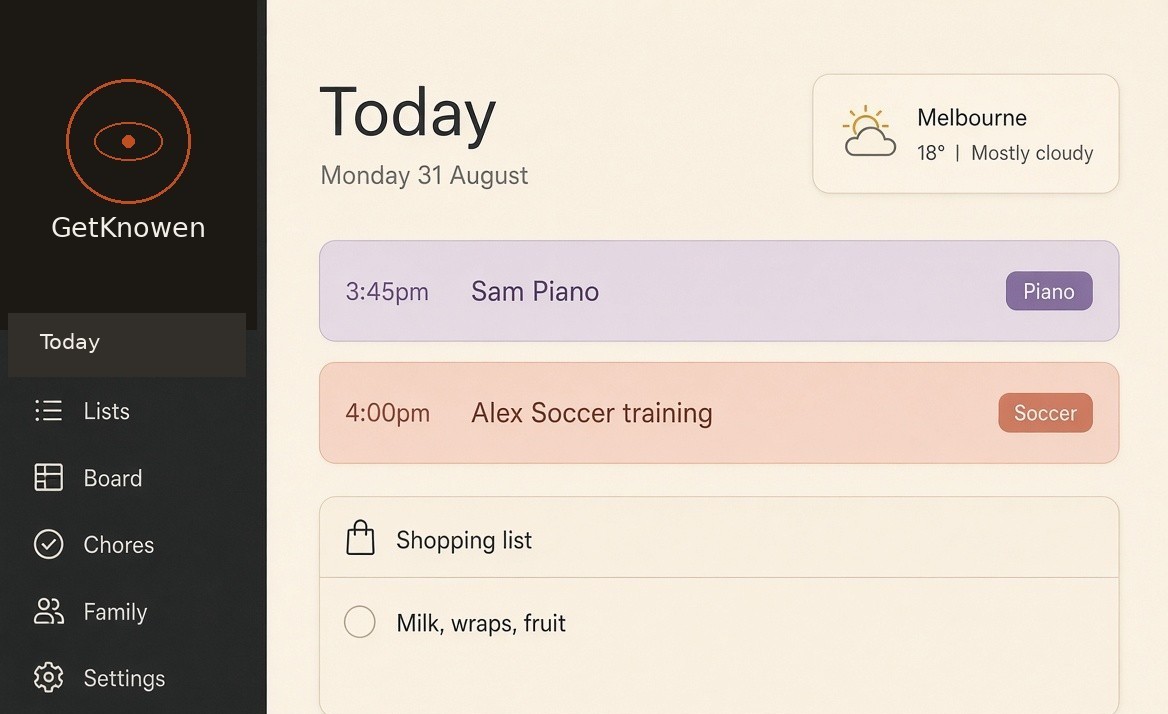 GetKnowen Today board on a tablet: the family’s day and shopping list