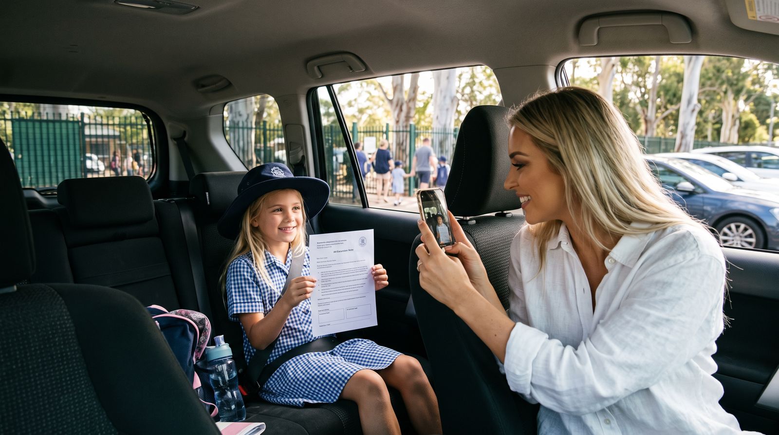 Mum photographing her daughter’s excursion note in the car