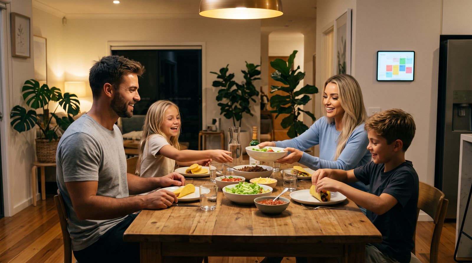 A family laughing over taco night