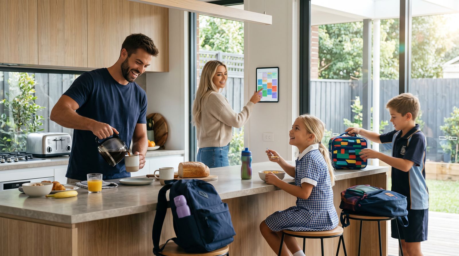 A family in their kitchen on a school morning, the week on a tablet on the wall